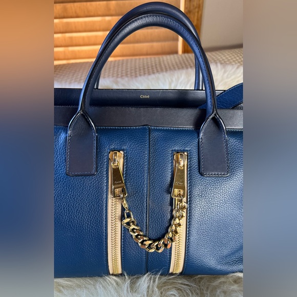 Chloe Cate Calfskin Grained Leather Medium Satchel Bag, Blue - Picture 7 of 15